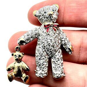 Carolee Figural Teddy Bear Brooch Pin Rhinestones Gold Tone